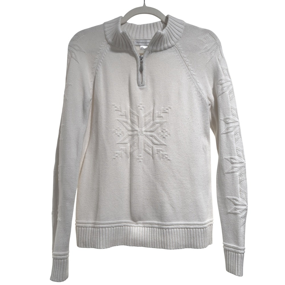 Christopher & Banks Womens White Cotton Snowflake Embossed 1/4 Zip Sweater Small